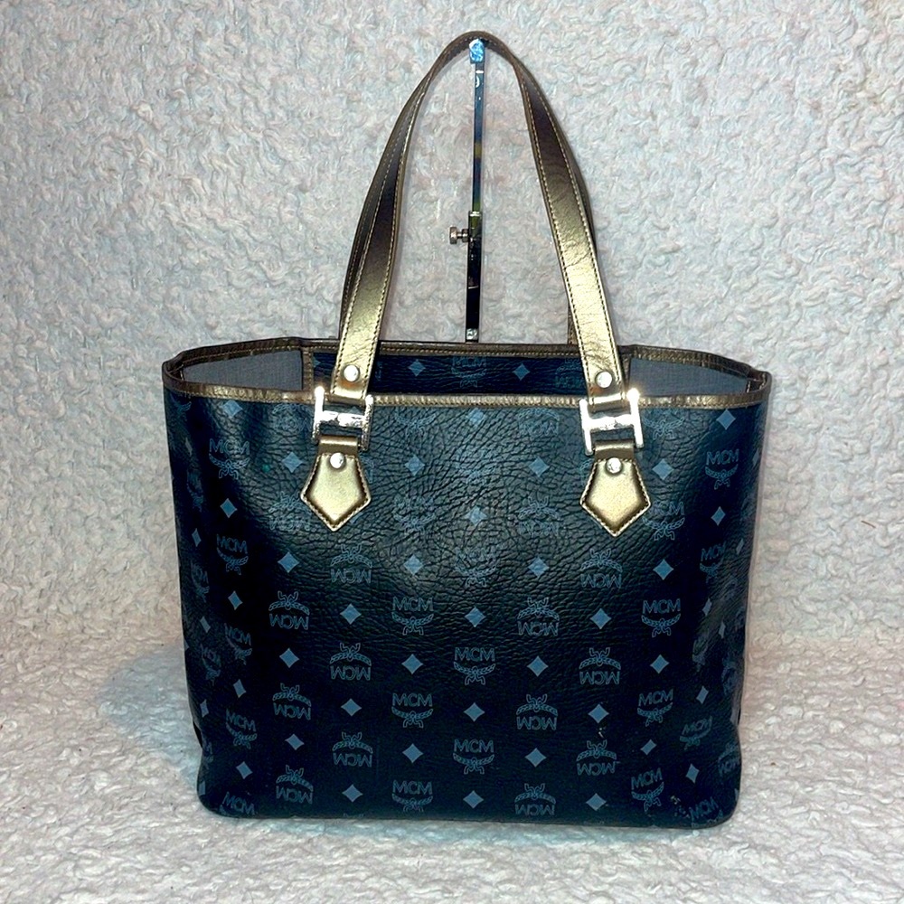 MCM Visetos Monogram Princess Lion Snakeskin Stripe Shoulder Bag Tote in Black - Picture 8 of 16